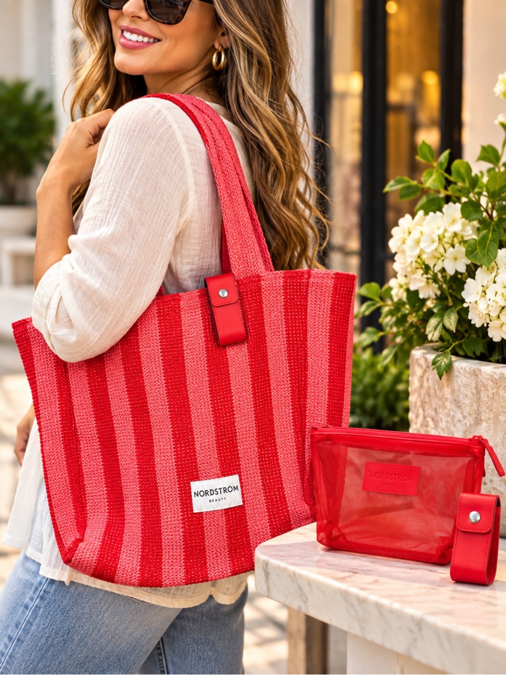 Nordstrom Red Striped Tote with Matching Pouch